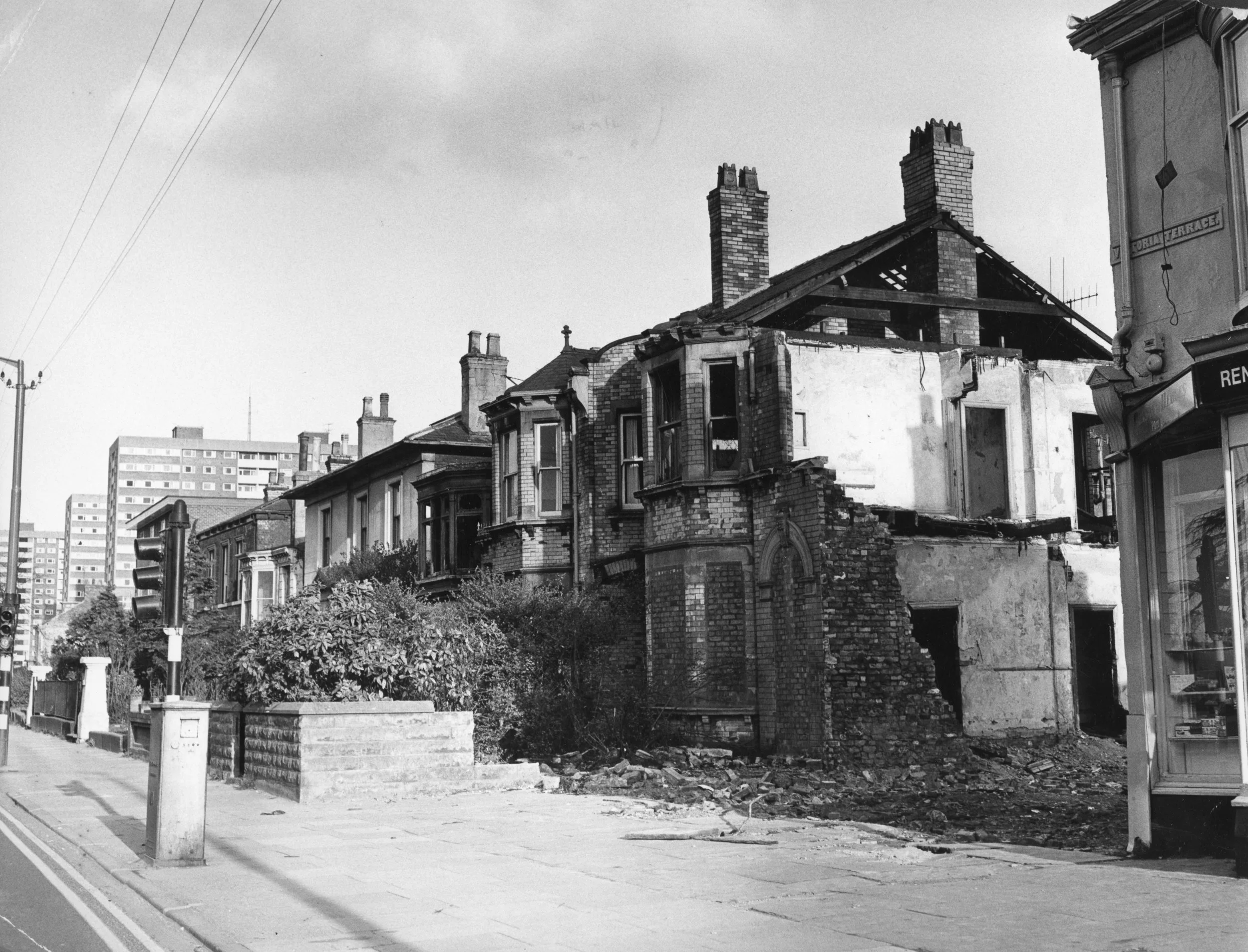 Derelict buildings on Anlaby Road opposite Hull Royal Infirmary early 1970s. Commissioned by Hull Daily Mail.