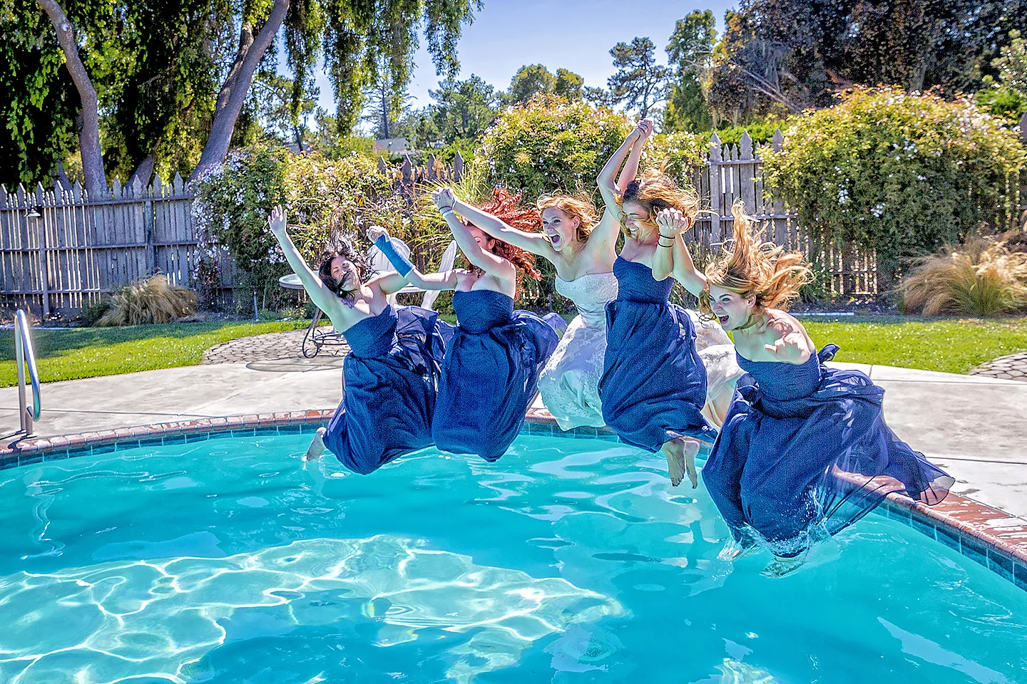Bridal party taking the plunge, Cambria, CA.