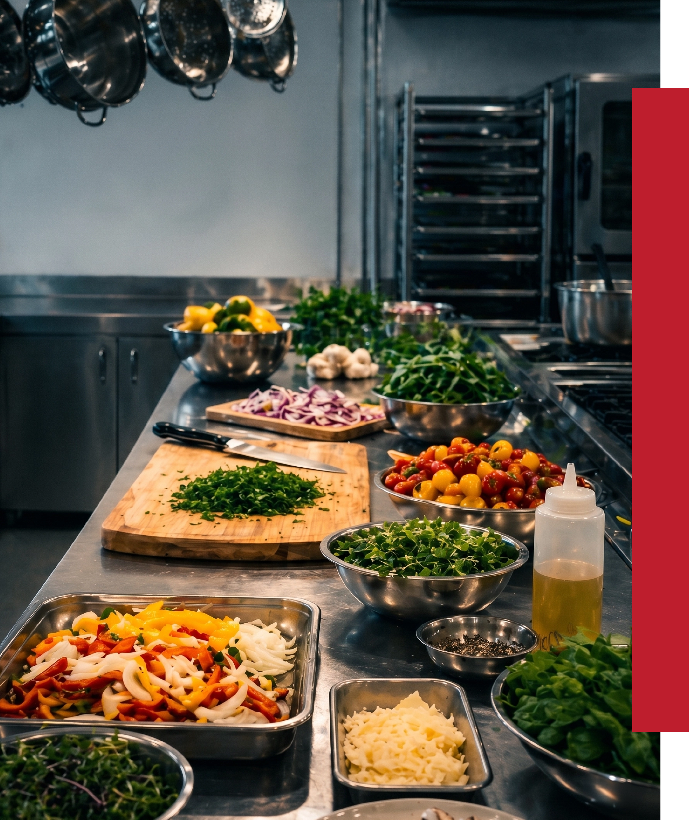 A commercial kitchen prep station with various fresh vegetables and ingredients, including chopped onions, cherry tomatoes, mixed peppers, and leafy greens, ready for cooking.