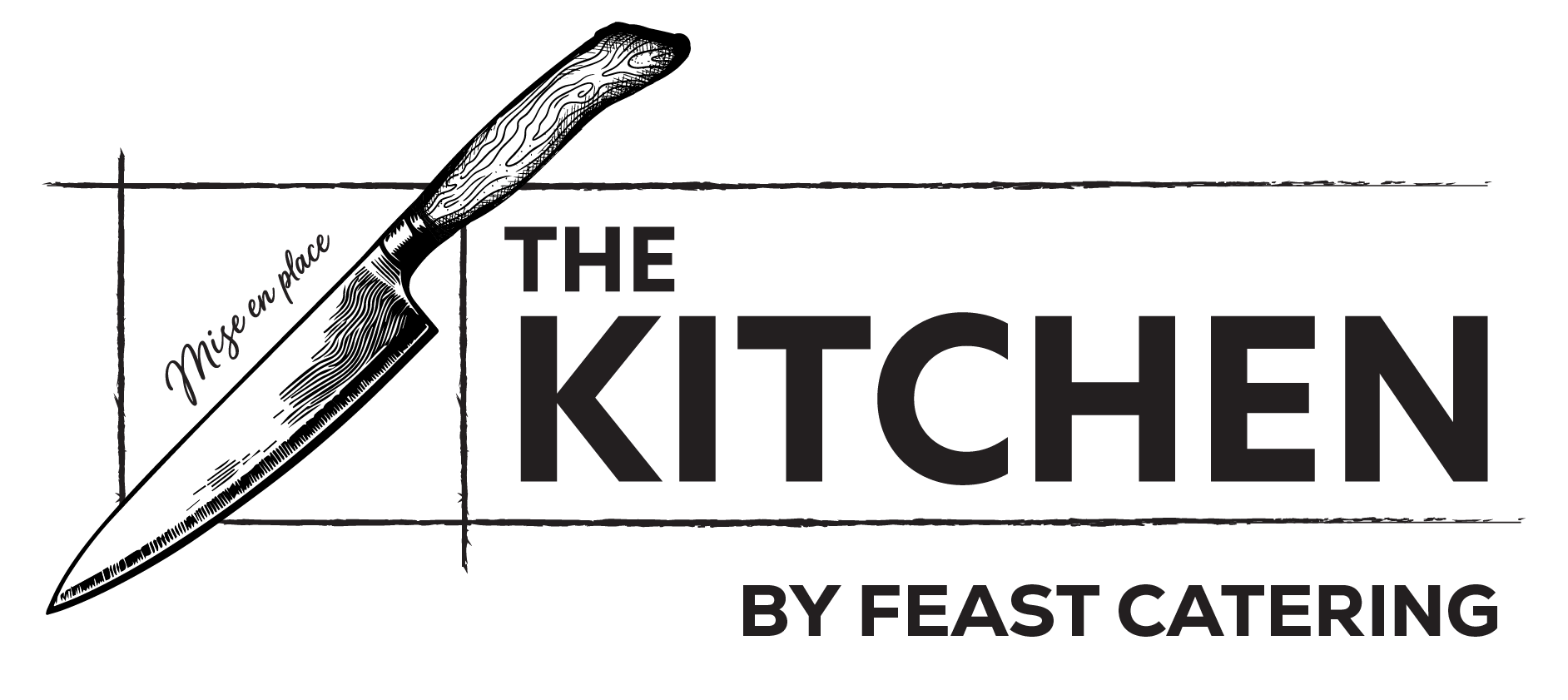 Black and white logo for 'The Kitchen by Feast Catering' featuring a detailed illustration of a chef's knife with the words 'Mise en place' on it.