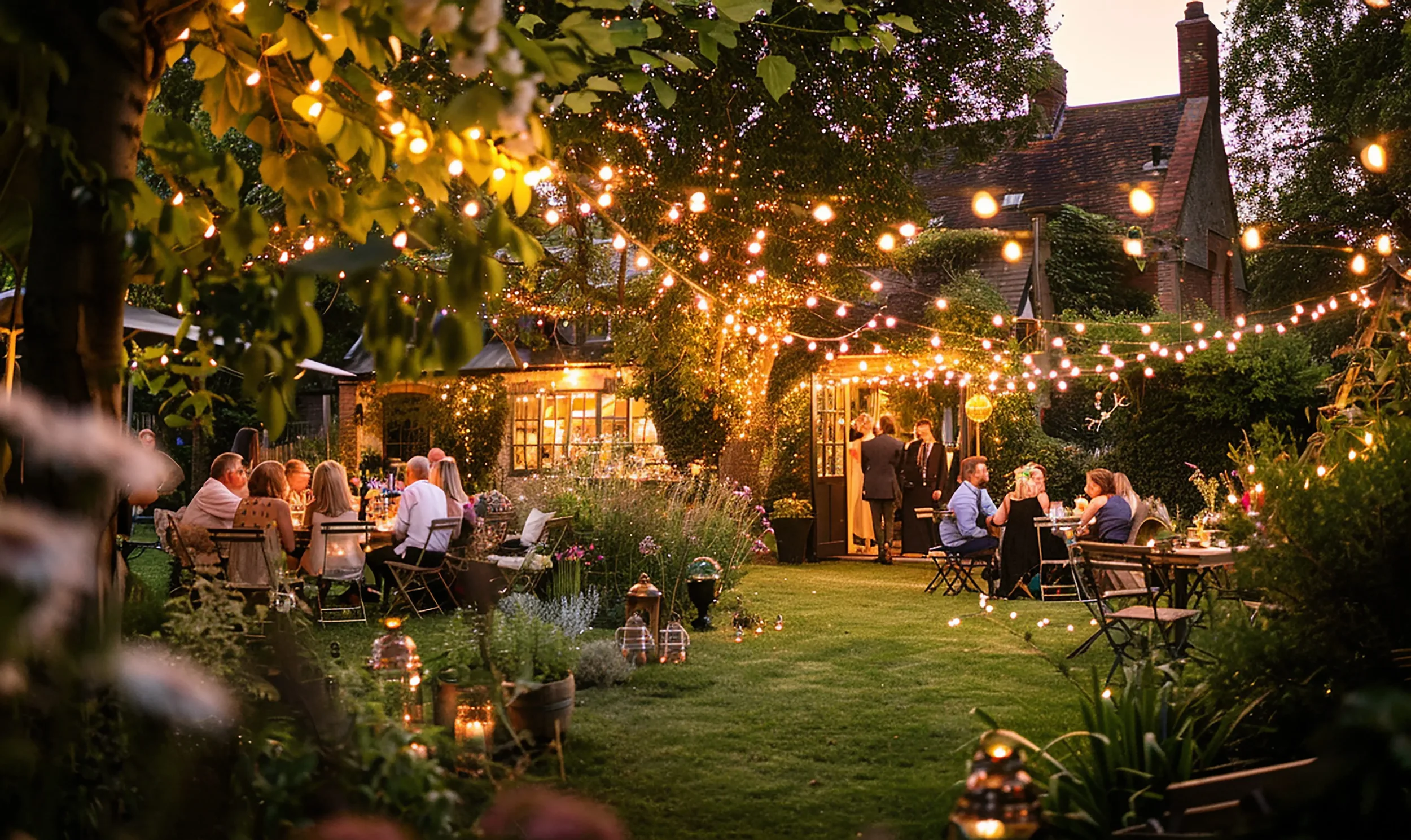 An outdoor evening gathering with string lights hanging in a garden area filled with people sitting at tables and socializing.