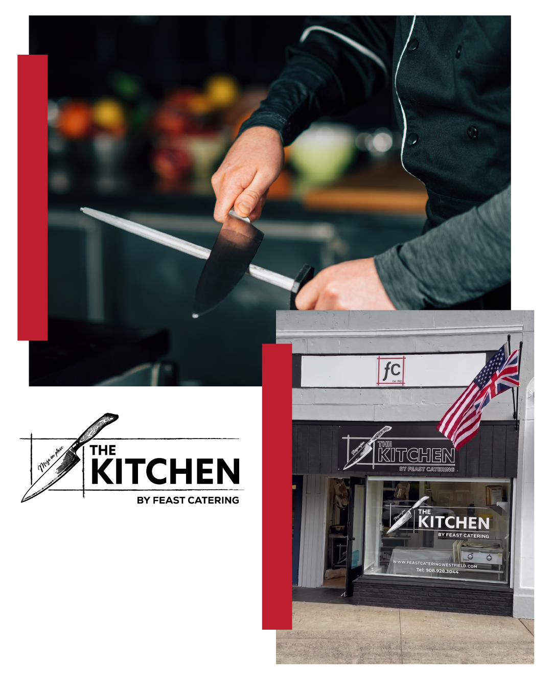 A chef chopping ingredients in a kitchen, and a storefront with signs for 'The Kitchen by Feast Catering' featuring a chef's knife logo and an American flag.