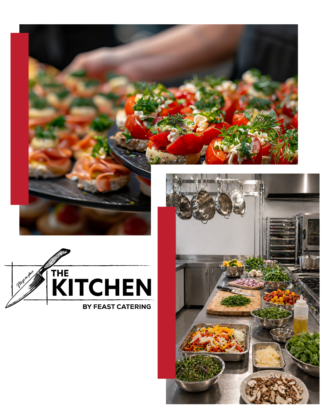 A culinary workspace with plates of appetizers, a kitchen counter with chopped vegetables, bowls of greens, shredded cheese, sliced mushrooms, and various cooking utensils hanging above.