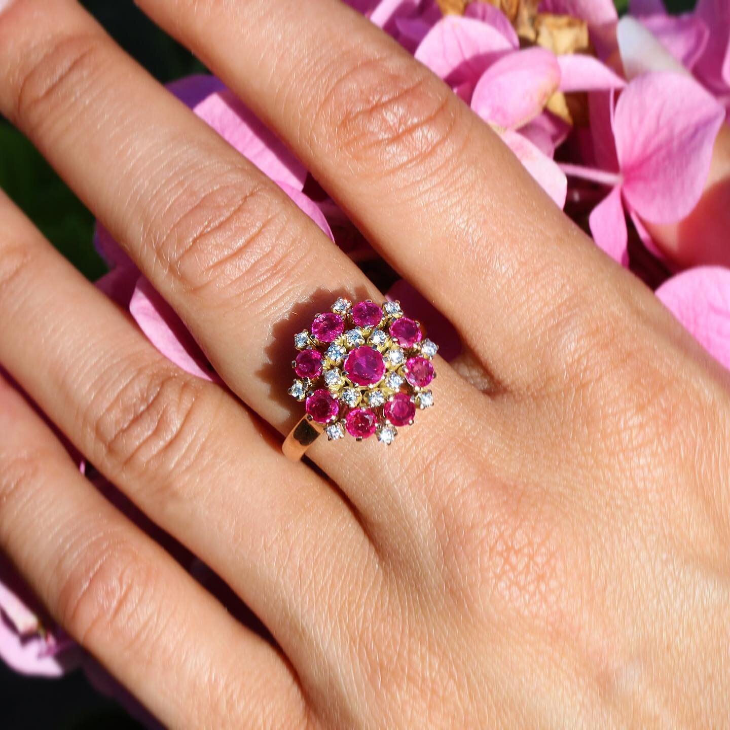 Natural Ruby &amp; Diamond 1960s Vintage Cluster Ring in 14k Rose Gold. Size 7. This ring is wayyyy prettier in person, and the natural rubies are drop dead gorgeous. 💖 July is around the corner, so if you want to surprise a July baby with the most 