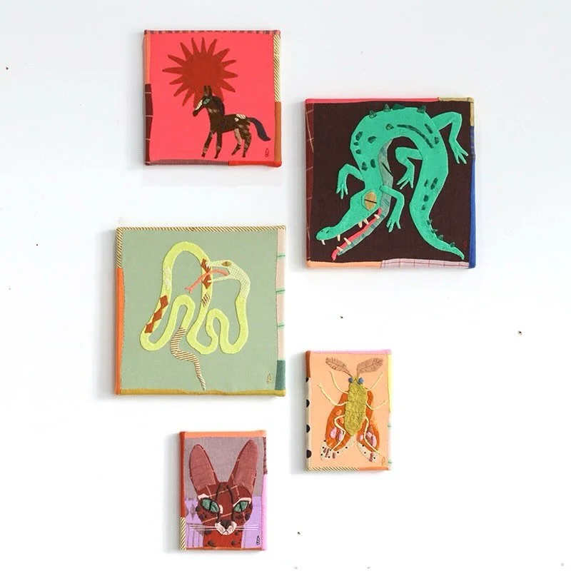 A P P L I Q U &Eacute; // Finished gang of colourful soft squishy textile artworks, heading to @nahcotta for The Enormous Tiny Art Show.

Coccodrillo
Snake
Fire Horse
Moth
Serval

Have loved making these pieces - carefully selecting joyful colour pal