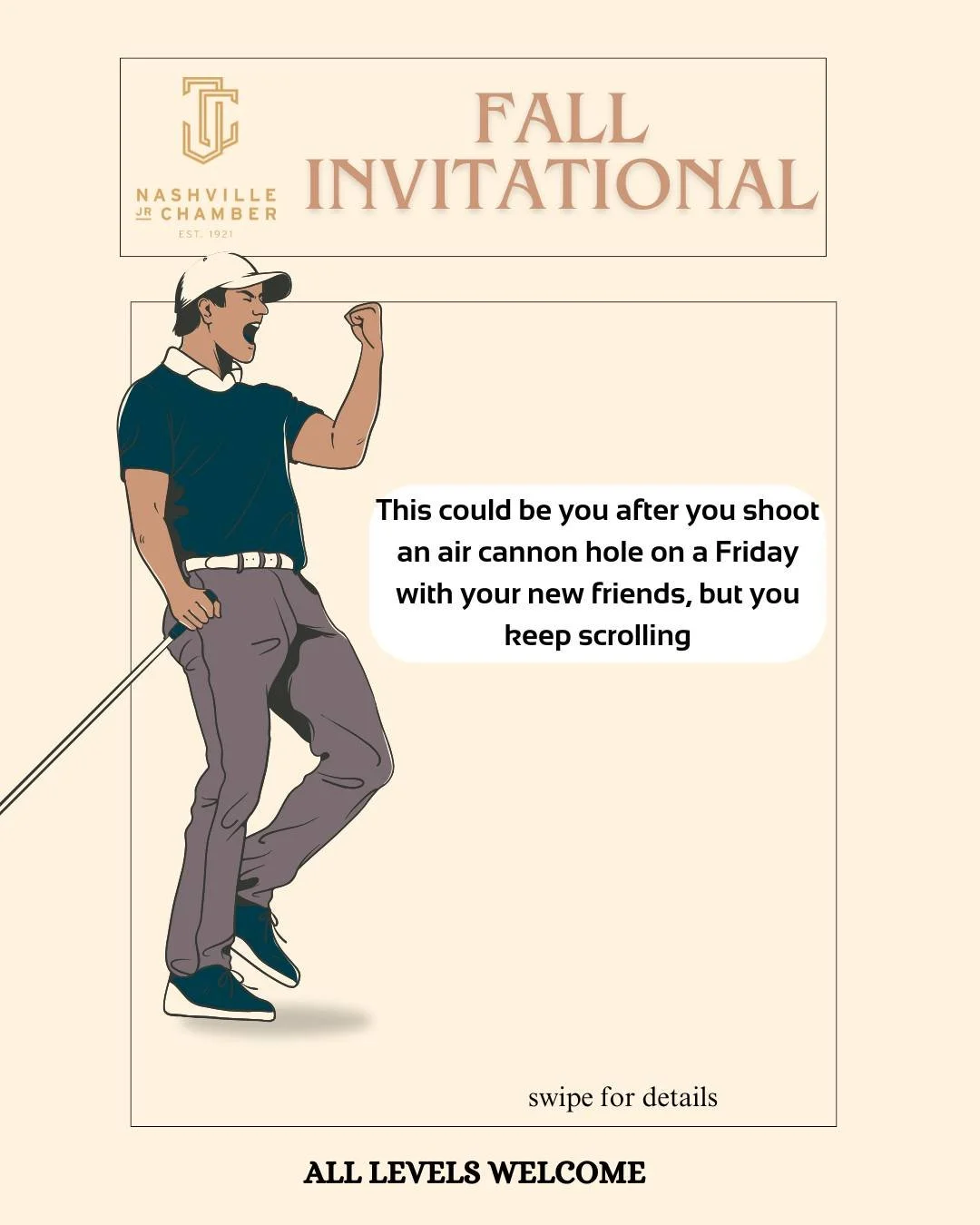 ⛳ The Nashville Junior Chamber Golf Invitational

📅 October 24th | Greystone Golf Course

This isn&rsquo;t your grandpa&rsquo;s golf tournament.

We&rsquo;re talking:

🏌️&zwj;♂️ Wild special holes &amp; epic challenges

🥇 Prizes you&rsquo;ll actua