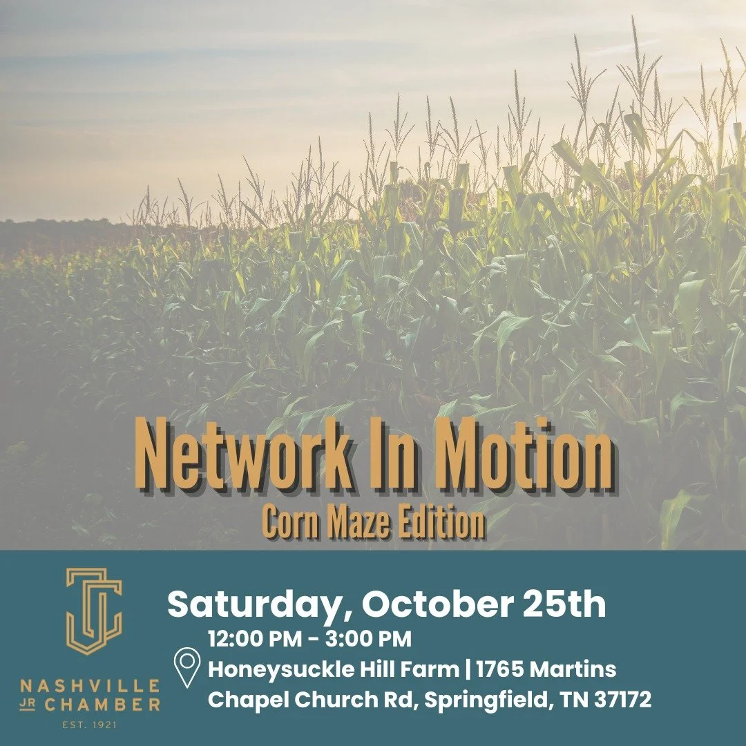 🌽 Network in Motion &ndash; Corn Maze Edition!
🗓️ Saturday, October 25th | 12PM&ndash;3PM
📍 Honeysuckle Hill Farm &ndash; Just outside Nashville

Level Up Your Network, No Suits Required.

Swap the city streets for corn stalks and crisp fall air. 