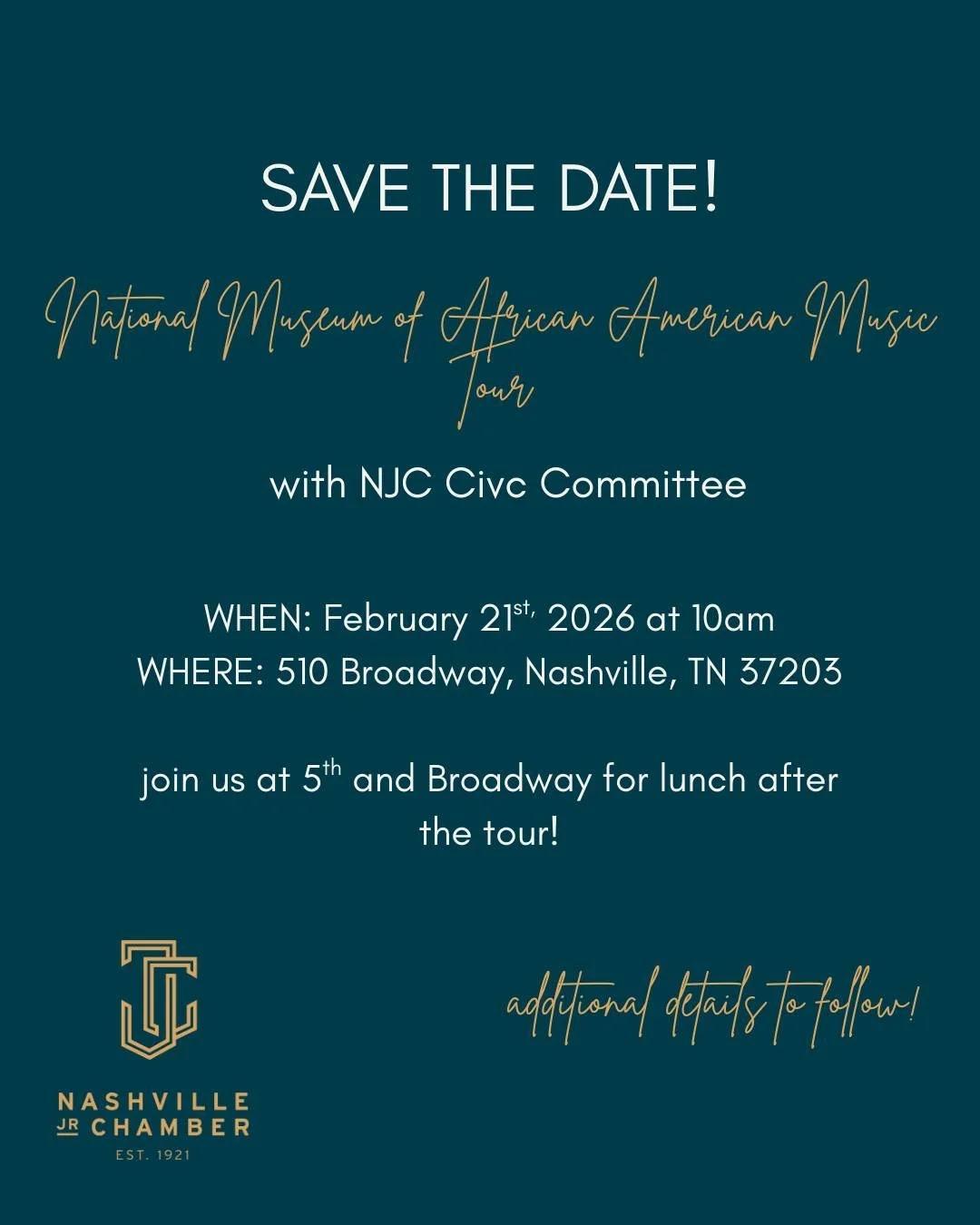 SAVE THE DATE! We&rsquo;re touring the National Museum of African American Music on February 21st, 2026 at 10:00 AM.

🎟️ Tickets: $33.33 per person (purchase directly on the museum&rsquo;s website)
🚗 Parking: 5th &amp; Broadway Garage &mdash; park 
