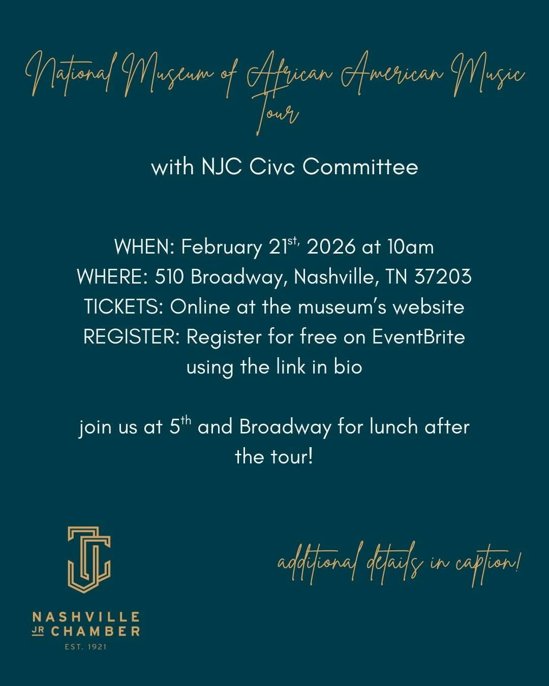 Nashville wouldn&rsquo;t be Nashville without the music &mdash; and this is where its story lives. 🎼

Join the Nashville Junior Chamber on February 21st for a meaningful morning exploring the National Museum of African American Music alongside peers