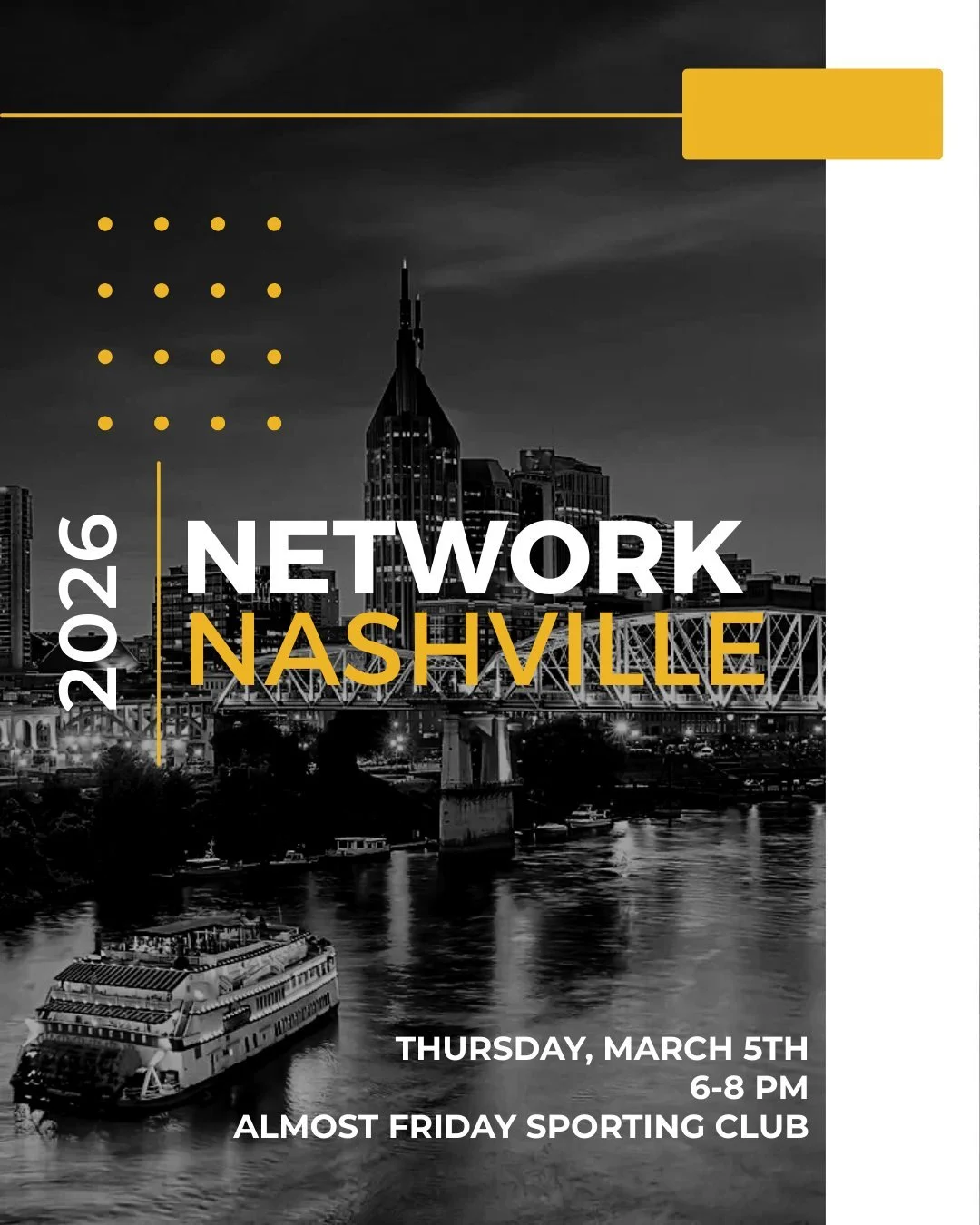 Network Nashville is back! We're inviting the NJC and other YP Groups in Nashville to connect, collaborate, and expand your networks in a joint happy hour. Tickets are $35 and include food and your first beverage. 

Join us at Almost Friday Sporting 