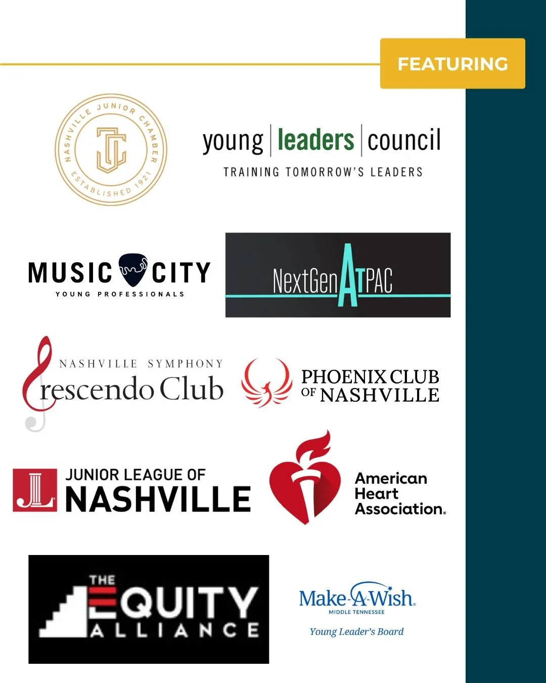 Network Nashville is less than a month away! We're expecting 100+ young professionals from different organizations in Nashville, including: @ylcnashville, @musiccityyp, NextGen at TPAC, @crescendoclub, @phoenixclub_nashville, @jlnashville, @ahatennes
