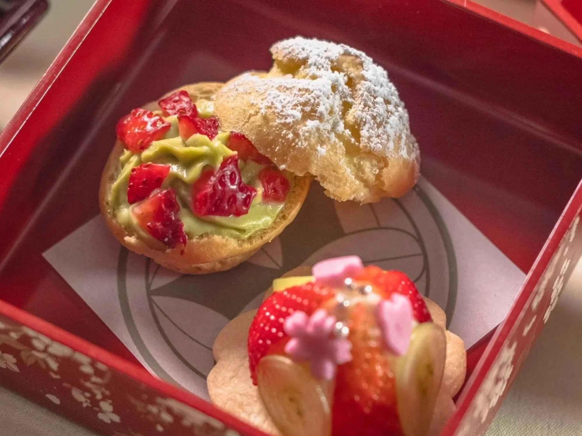 CHA-AN STRAWBERRY AFTERNOON TEA, Strawberry Matcha Custard Cream Puff, Strawberry Tart