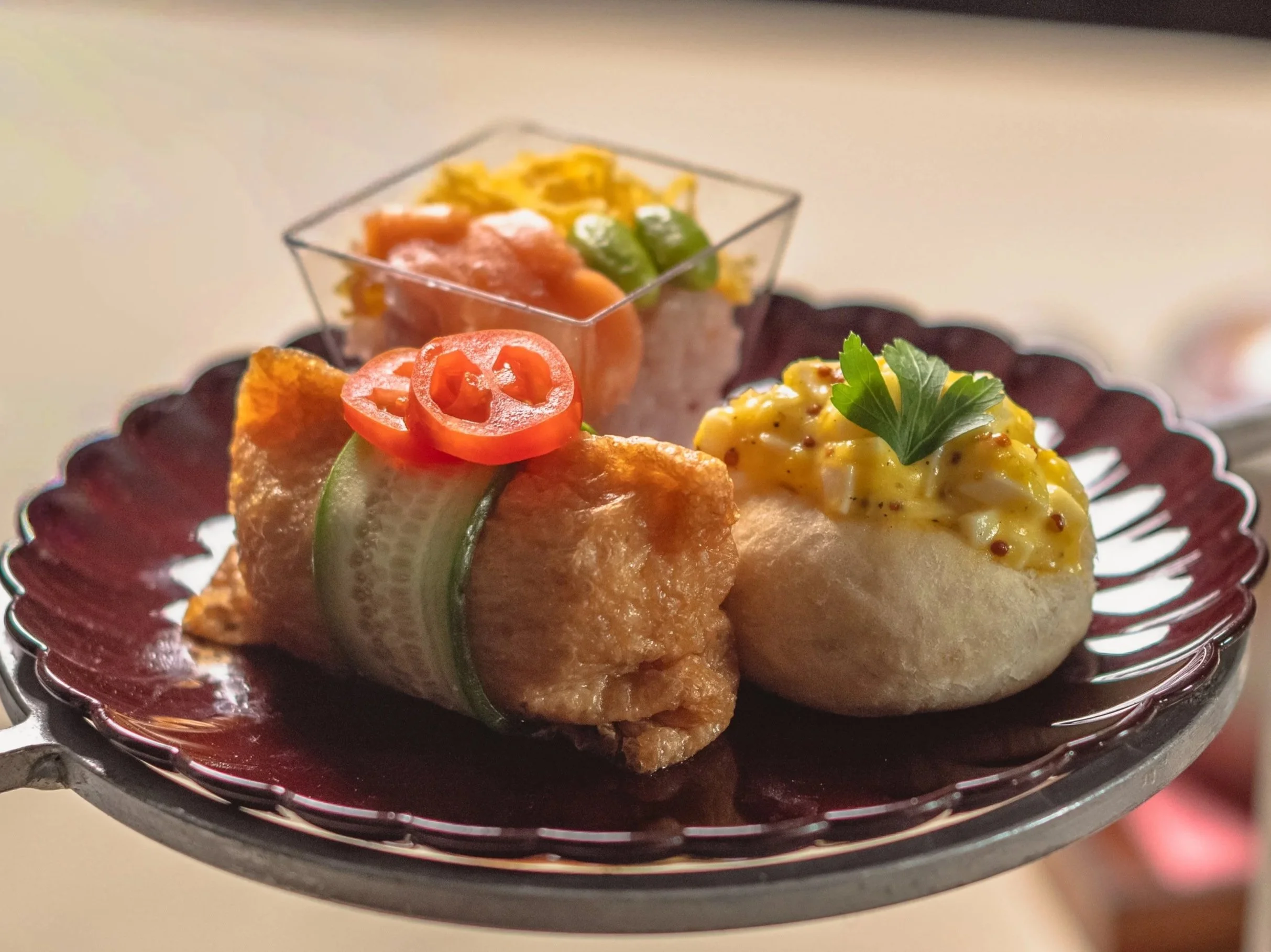 CHA-AN STRAWBERRY AFTERNOON TEA Egg Sandwich, Salmon Rice, Inari