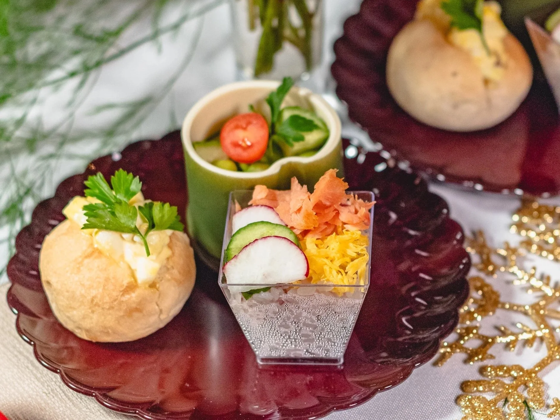 Cha-An Edamame Salad, Egg Salad Sandwich, Salmon Rice