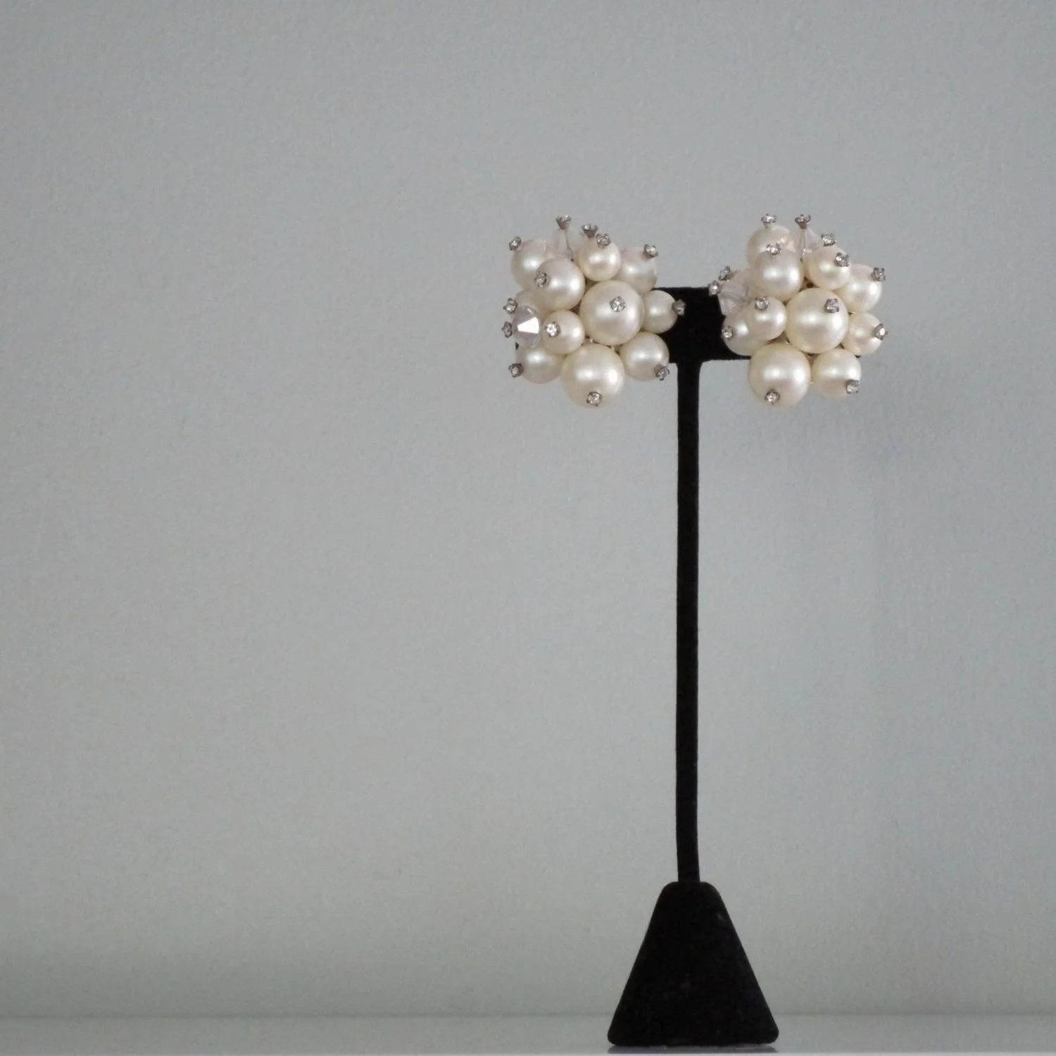 SOLD-Prototype KJL Faux Pearl Cluster w/ Rhinestone Tips Clip On Earrings