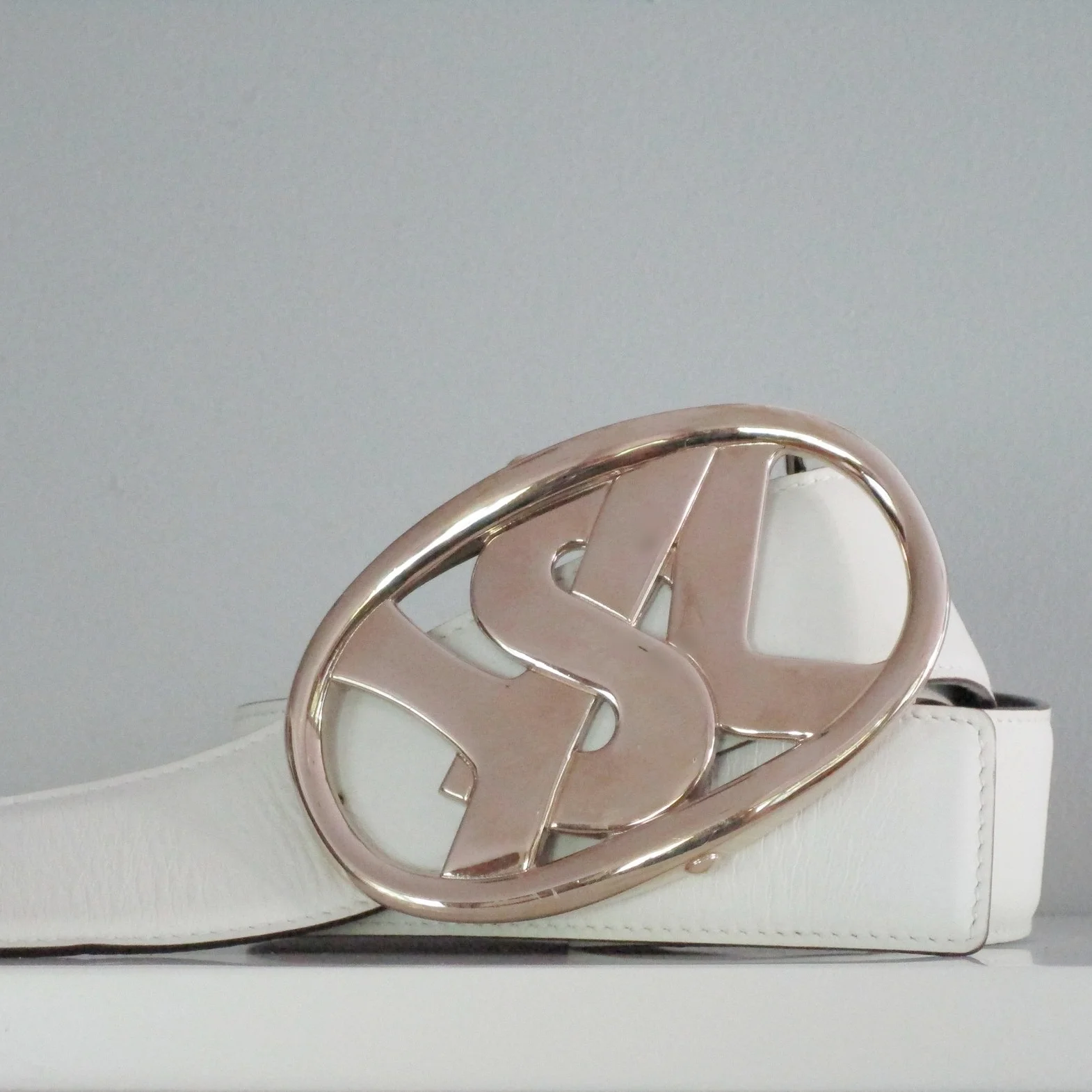SOLD-YSL Belt Buckle w/ YSL White Leather Strap