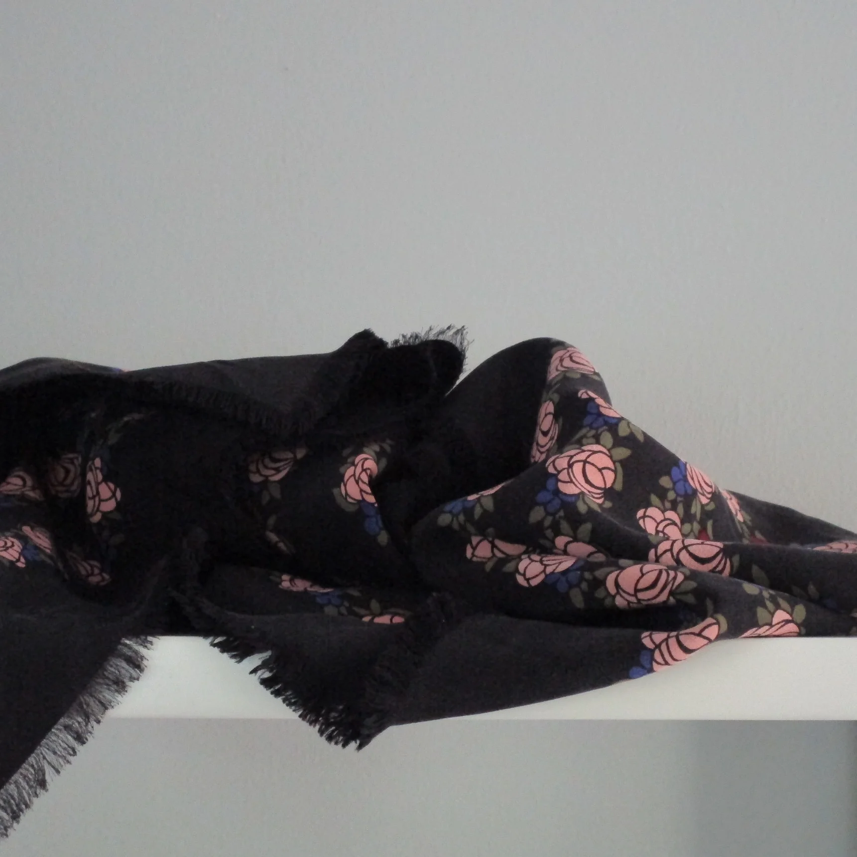 SOLD-Celine Oversized Black w/ Pink Roses Silk Scarf