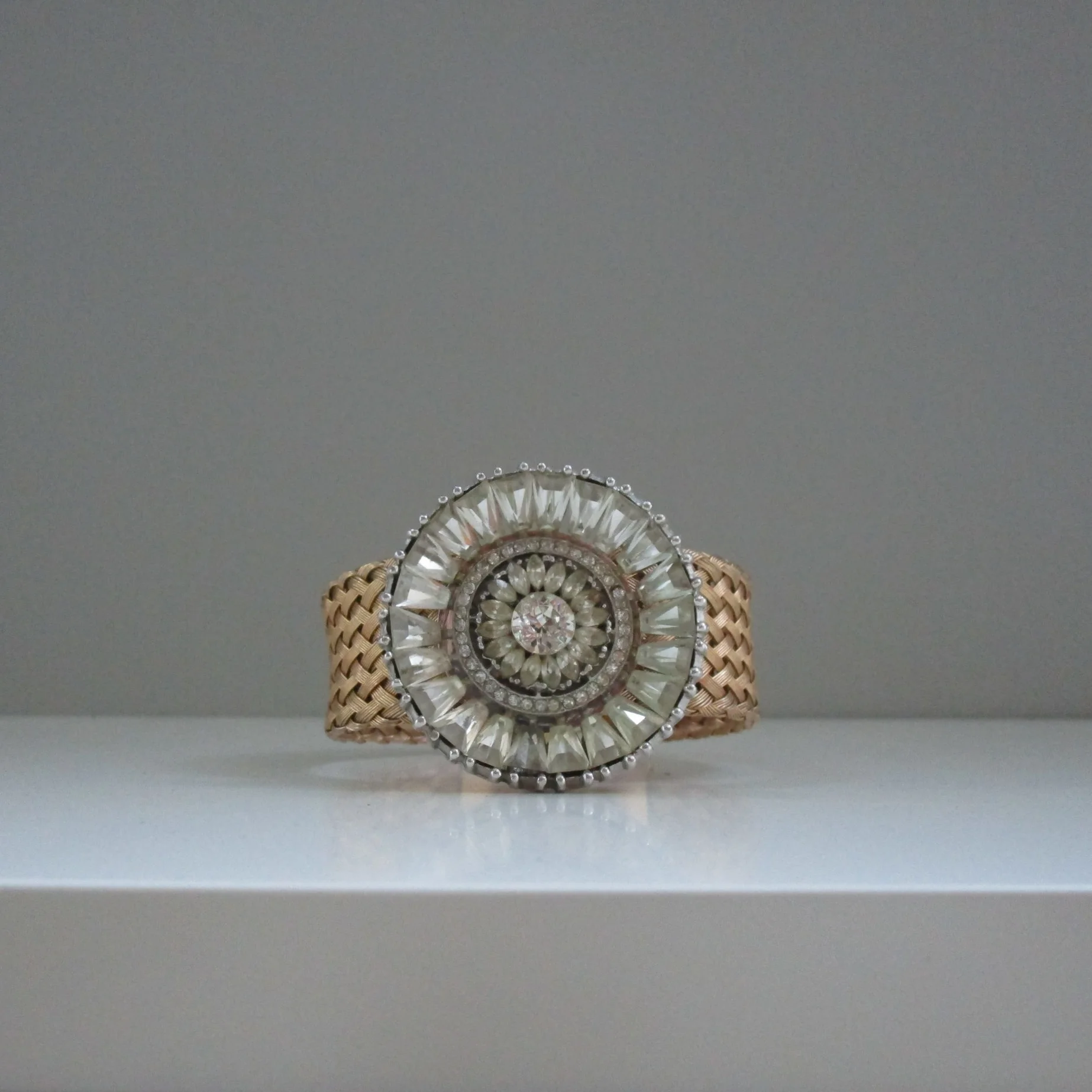 SOLD-Vintage Rhinestone Disc on Goldtone Braided Band