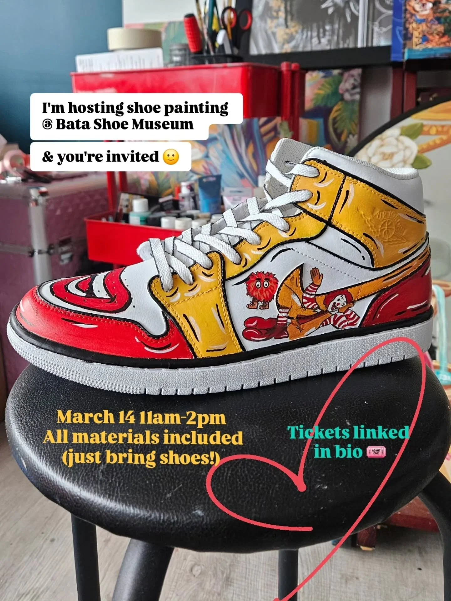 🙋🏻&zwj;♀️ Paint shoes with me! I'll be teaching Shoe Customisation 101 at Bata Shoe Museum on March 14th from 11am-2pm and if you'd like to come, get ticks soon, it's limited capacity! 

Swipe to see what the last class was like 🙂 + shoes students