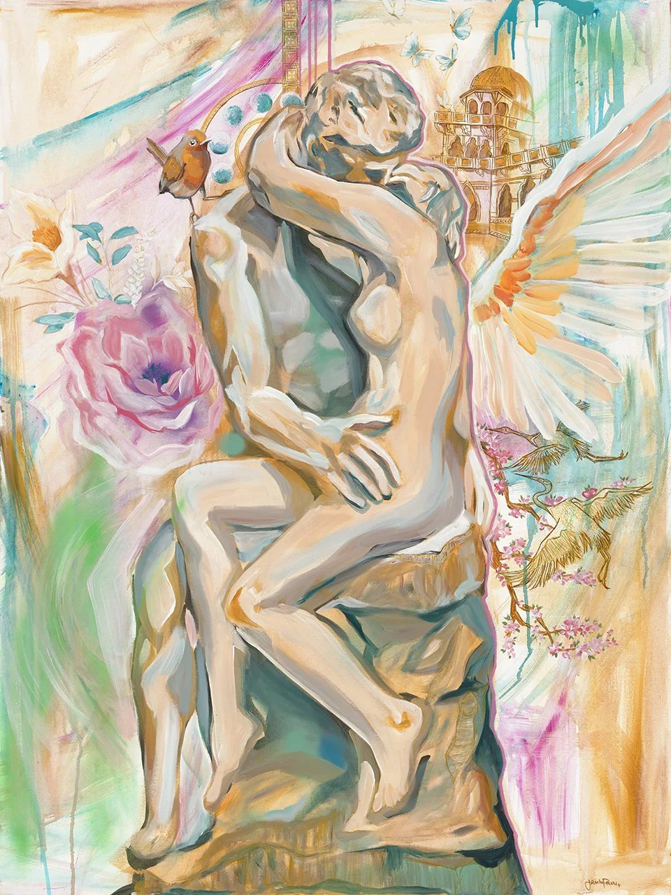 Acrylic Fine Art painting 'The kiss' Rodin sculpture Toronto Museum Art Jasmin Pannu