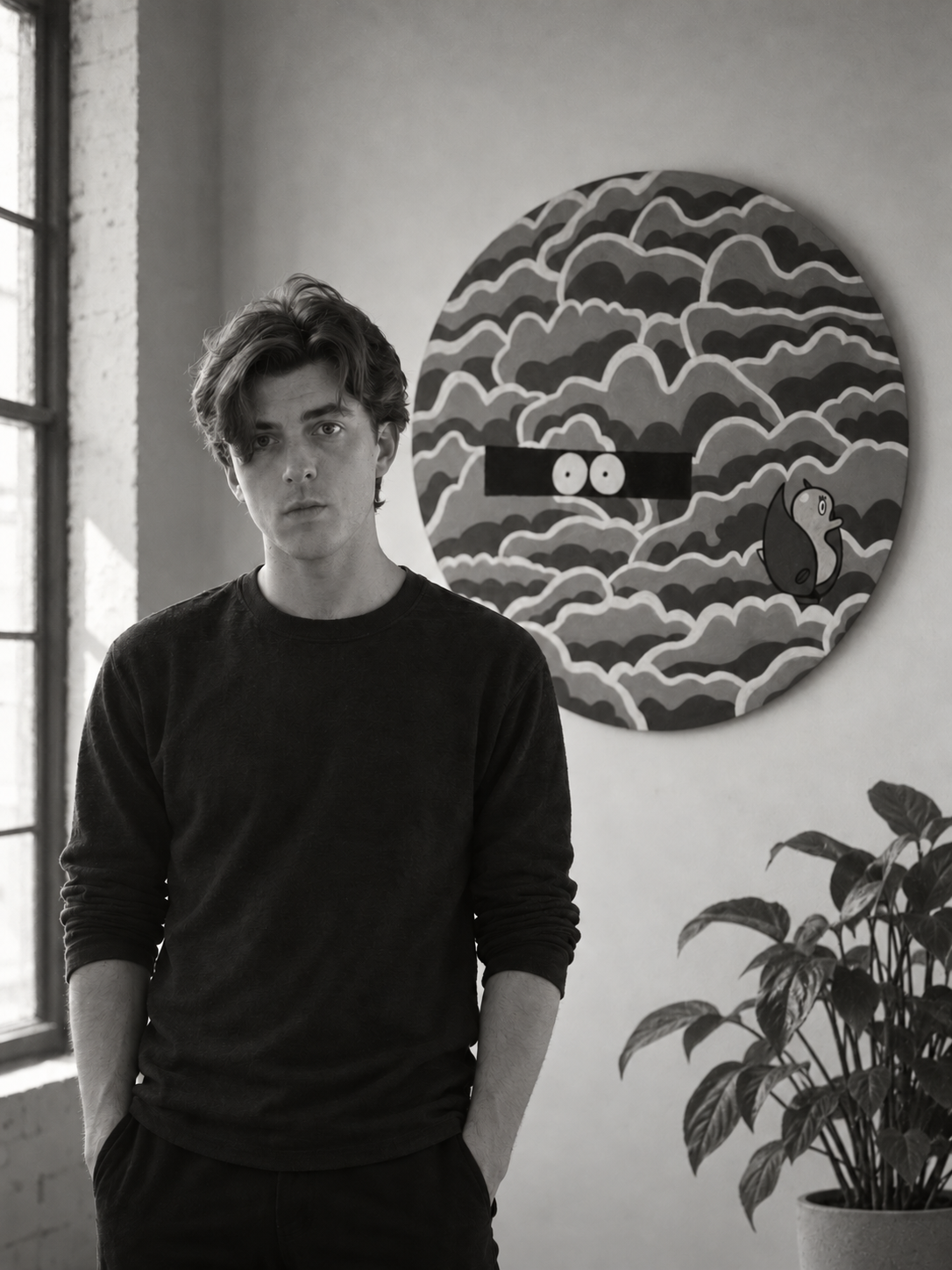 Black-and-white portrait of Mitchell Winthorpe beside a circular painting and leafy plant.