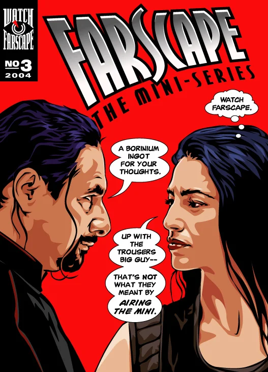 So Farscape fans were all giddy over the news that the show was returning as a mini-series. All the hard work was finally paying off and we had something to get excited about. Now all the talk was about when the mini would air and where the mini would air. This 3rd mock comic cover was my attempt at a humorous take on the subject. I thought of it as the "romance" issue.