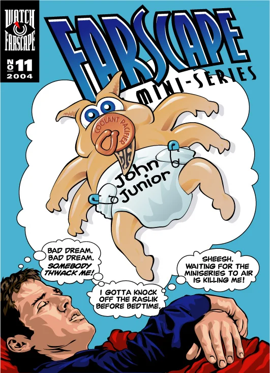 This illustration intertwines the "Aeryn-is-pregnant-but-is-Crichton-really-the-father?" storyline with the fact that fans had been waiting for the return of Farscape for close to a year.
