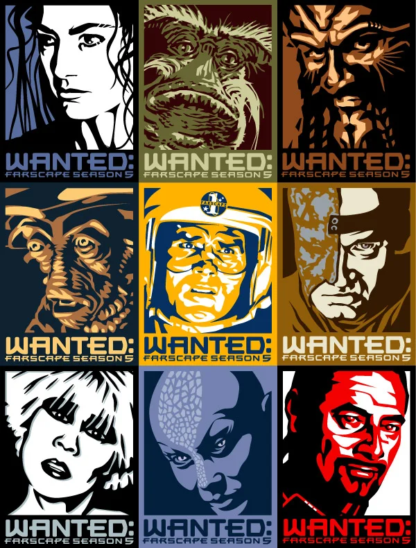These "wanted" posters were adopted by the fans of the scifi TV series, Farscape, to help with their cause to bring back the cancelled show. Used on brochures, buttons, postcards, stickers, tshirts, ...and posters, the artwork became the unofficial identity of the campaign. Each poster depicts a character from the show in a posterized style that not only made it easier for fans to reproduce but also gave it a more home grown/grassroots feel . By the time I was finished, 100 posters were completed. This artwork is the combination of 9 of the very first ones created.