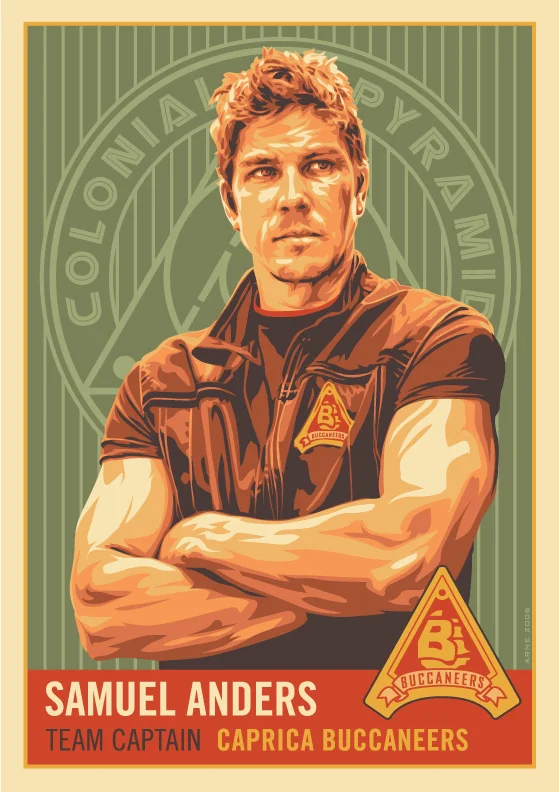 Anybody else follow the Colonial Pyramid League? Sam T. Anders, team captain of the Caprica Buccaneers and CPL's MVP for three years straight, is arguably the most well known name to come out of the pro sport. Going for the vintage trading card look on this one.
