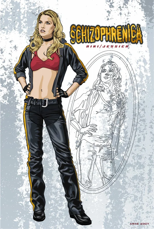 ...another one in the Heroes costume design series... Like the other 2 illustrations of Claire and Hiro, I wanted to keep a more realistic look to the outfit. This one of Niki/Jessica took inspiration from Kill Bill's the Bride, Kiera Knightley's Domino and Happy Days' Pinky Tuskadero.