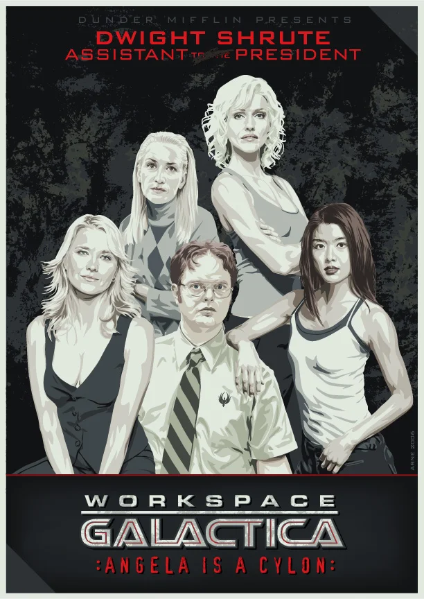  This is one of my dream crossovers...  Recently appointed Assistant to the President [correction - Assistant President], Dwight Schrute (call sign: Straight Schruter) anguishes over what may be his worst case scenario ... Angela Martin is a cylon. 