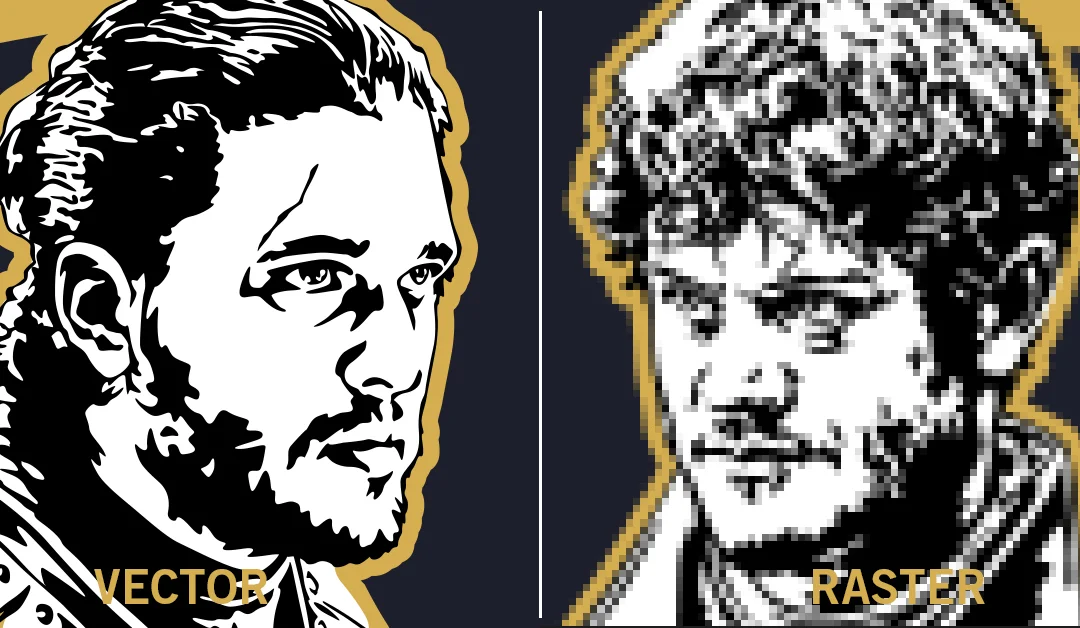 When the image files are scaled to a larger size, the quality of the vector image remains the same while the raster image becomes blurry due to the enlarging of the pixels.