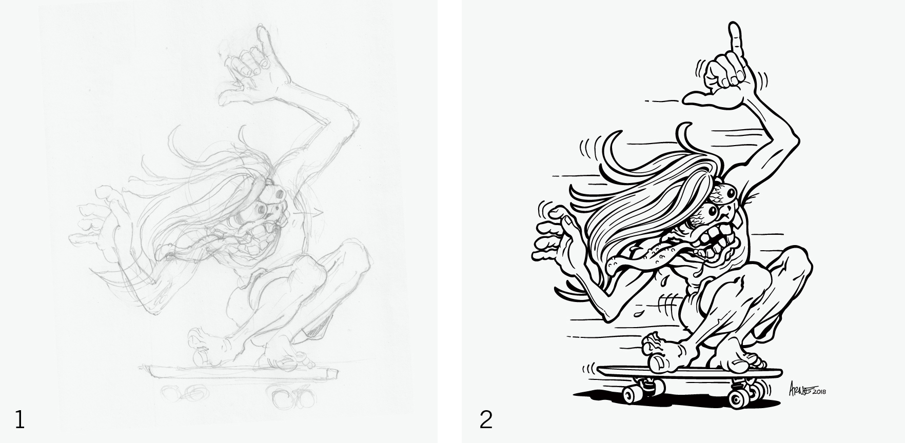 Step 1: A loose pencil sketch is drawn, scanned and placed in Adobe Illustrator to be used as a template for "inking." Step 2: The image is "inked" using the pen tool in Adobe Illustrator.