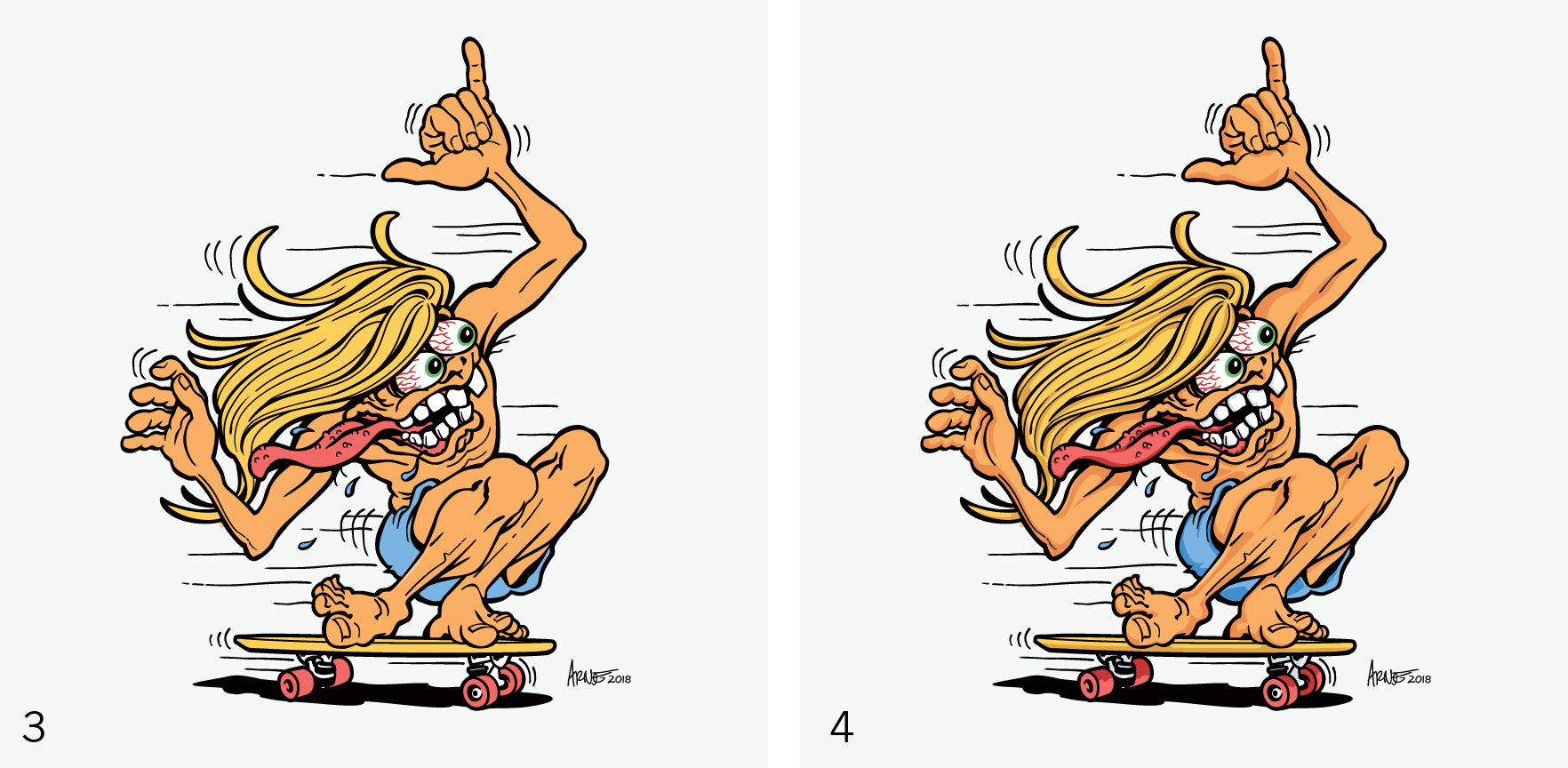 Step 3: The inked areas are filled with flat colors, Step 4: Shading is added.