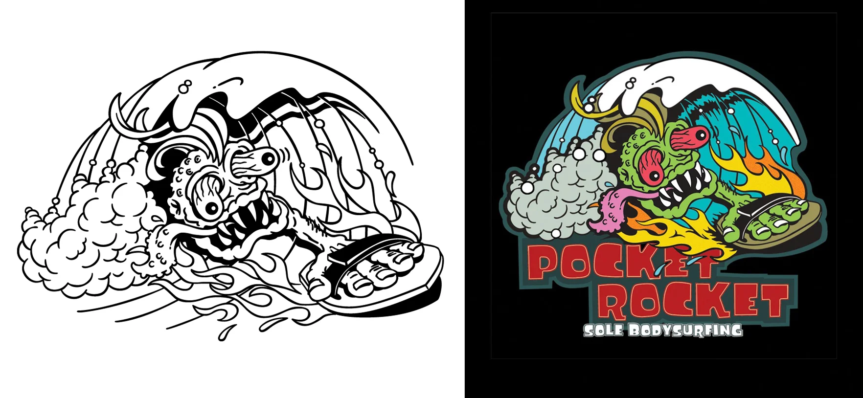 Sole Handplanes asked for a black & white drawing of a monster-like bodysurfer (left). That way Sole's creative director, Todd could get in on the fun with coloring and typography (right).