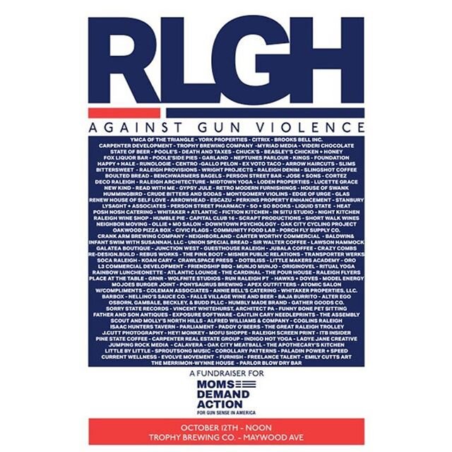 Easy decision. Happy and proud to stand alongside so many of our Raleigh peers with Moms Demand Action - NC. Reach out if you want to add your business to the list and/or join the event on Oct. 12 at Trophy on Maywood. 
#endgunviolence #raleigh #moms