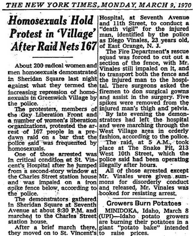 "Homosexuals Hold Protest in ‘Village’ After Raid Nets 167," New York Times, March 9, 1970