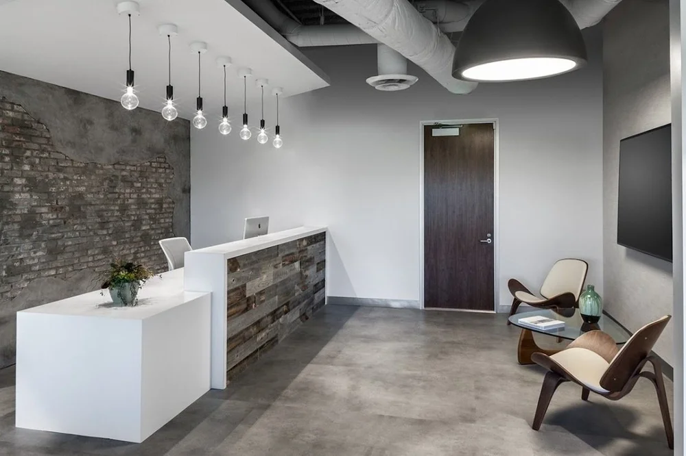 Reception desk anchoring the lobby