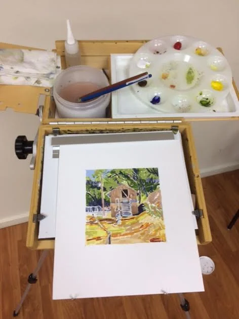 the travel set-up I use in the field and the same basic palette that the students had: spectrum yellow, ultramarine blue, spectrum red, burnt umber and white.