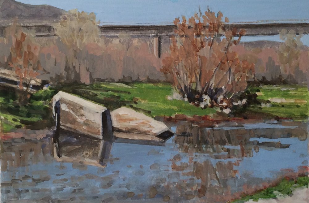River Rubble, Santa Ynez River, gouache by Nina Warner