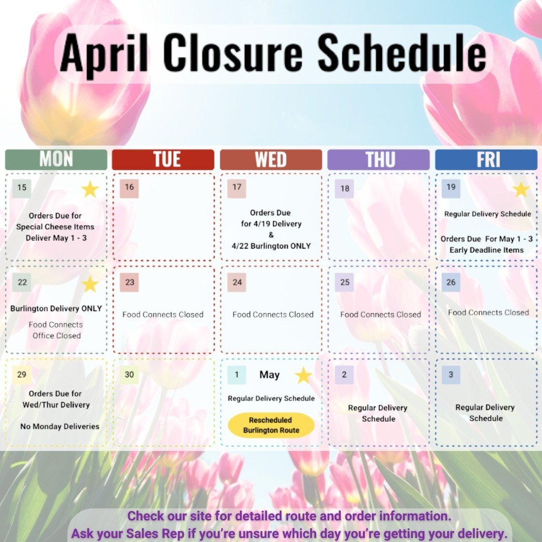 Reminder Hub Members! We have upcoming changes to our April order &amp; delivery schedule.

Click 'April 2024 Schedule' via our link in bio to learn more, and contact sales@foodconnects.org if you have any questions.