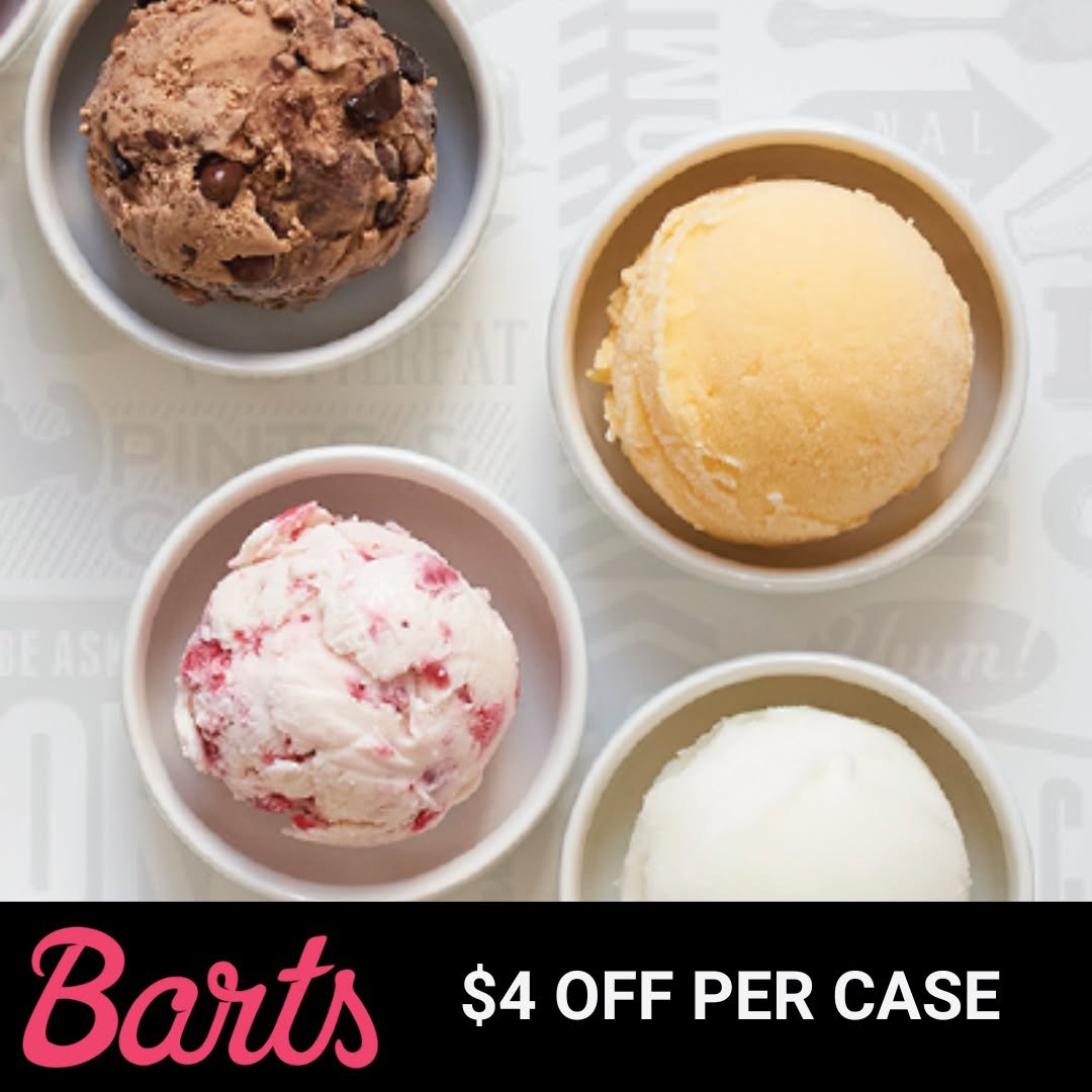 Whether you're looking to cool off or find some sizzle, our July promos have everything you need to celebrate summer in style. 

Barts (Greenfield, MA)

&hellip;$4 off per case

Barts makes super-premium ice cream using fresh, real, local ingredients