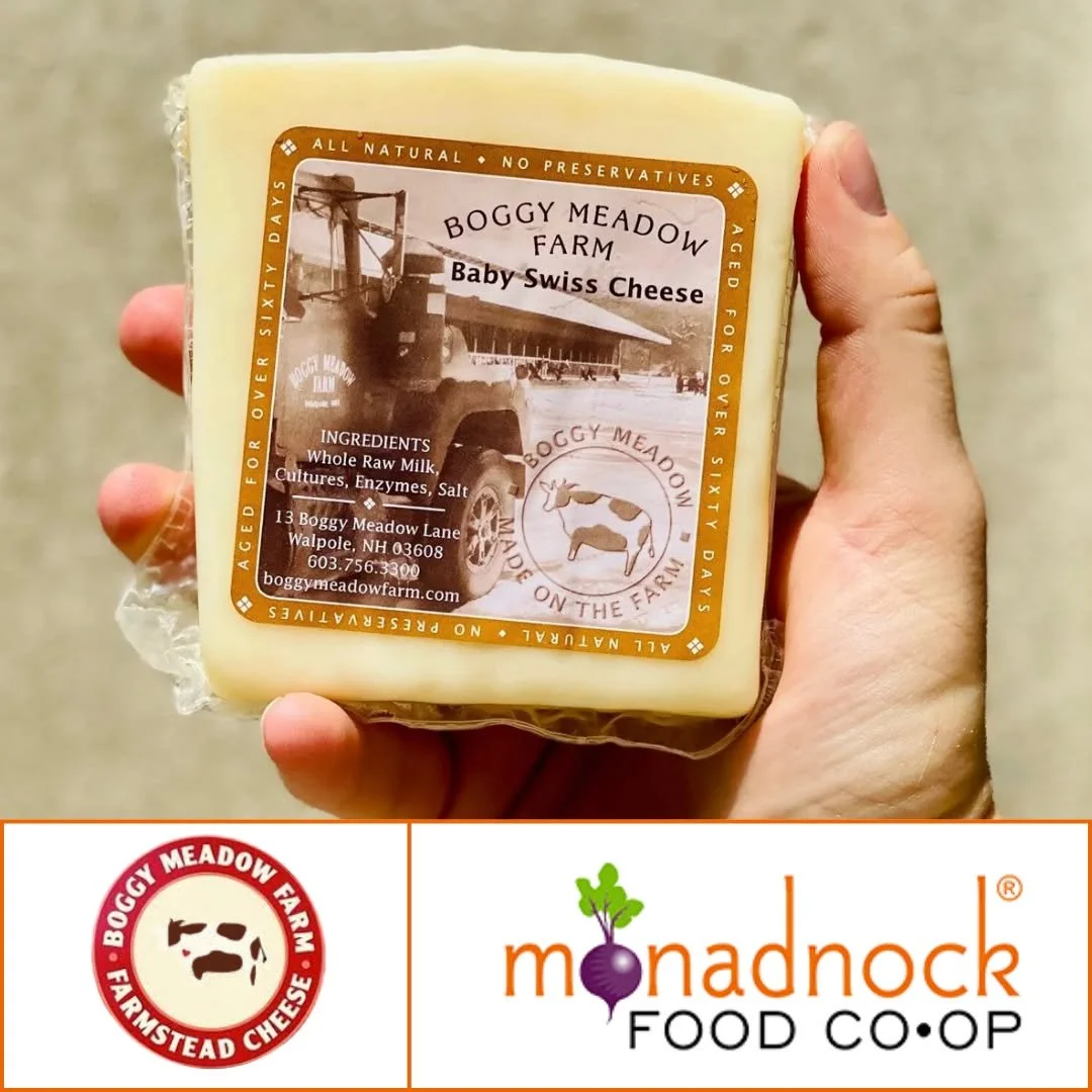 No need to travel to the Alps to get a taste of tradition!

Stop by @monadnockcoop on Thursday, September 25th from 3&ndash;6 p.m. to sample the authentic flavors of Alpine-style baby Swiss cheese from @boggymeadowfarm (Walpole, NH).

Family-owned an