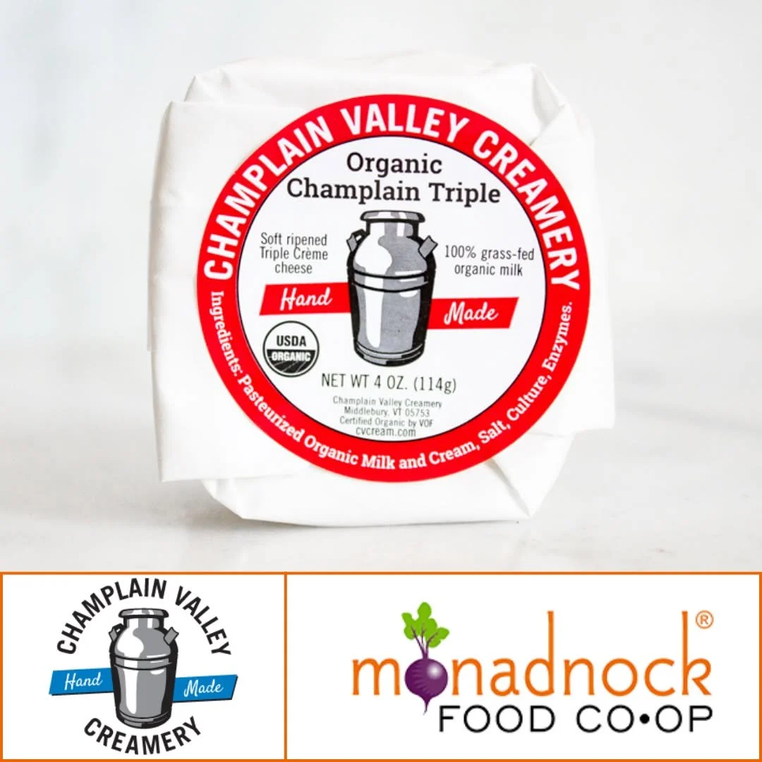 Holiday indulgence in cheese form!

Stop by the @monadnockcoop cheese department on Sunday the 21st from 11am&ndash;3pm to sample Organic Champlain Triple from @champlainvalleycreamery. This soft-ripened beauty features a bloomy white rind and is mad