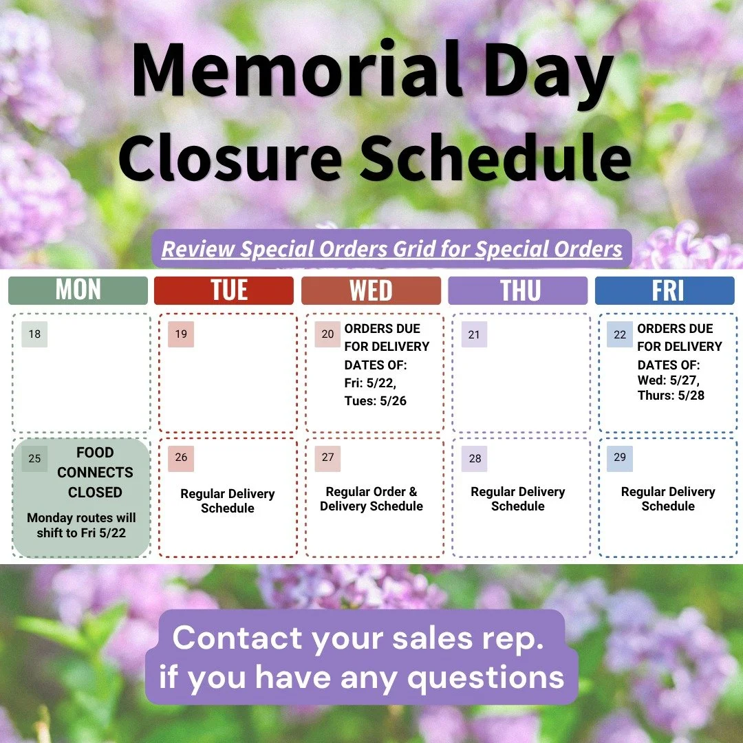 Reminder Food Hub customers: we will be closed May 25th.

Please note the following changes to the order cycle:

Orders are due Weds, 5/20 at 10 AM for deliveries on Fri, 5/22 &amp; Tues, 5/26.

Orders will be due Fri, 5/22 at 10 AM for deliveries on