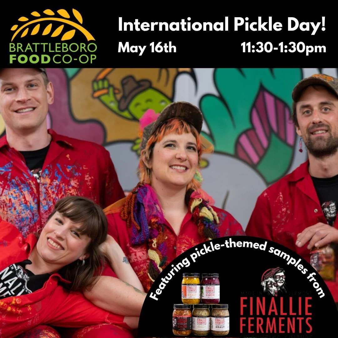 FinAllie Ferments + Brattleboro Food Co-op = pickle perfection!

Celebrate International Pickle Day on Saturday, May 16th with pickle-themed samples, live music, free cucumber starts, and a chance to win a Polaroid camera at @brattleborofoodcoop&rsqu
