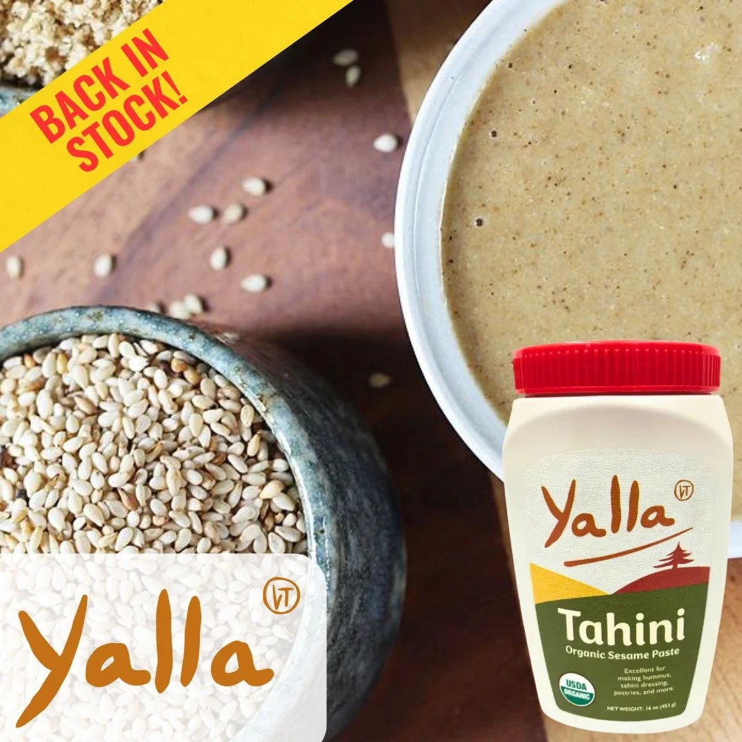 Back in stock: @yallavermont Organic Sesame Tahini Paste with fresh new packaging!

This smooth, certified organic tahini is ready for sauces, dressings, dips, spreads, roasted vegetables, grain bowls, and more.

Add Yalla Organic Sesame Tahini Paste