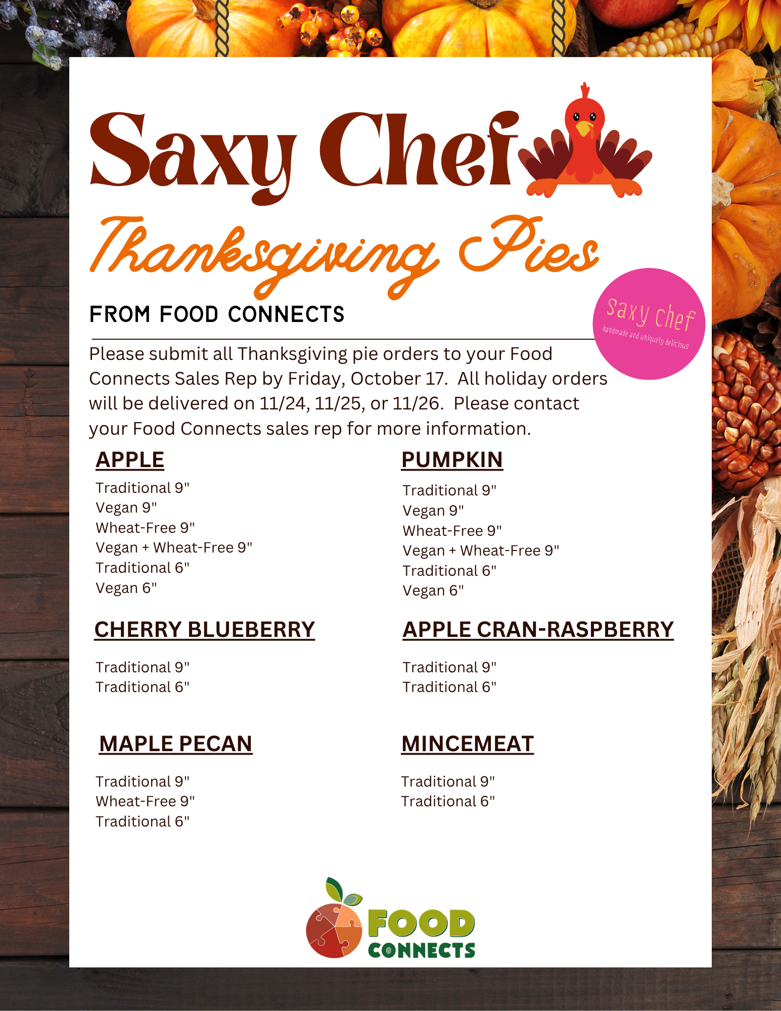Saxy Chef - Thanksgiving Pies Order Info & Deadline — Food Connects