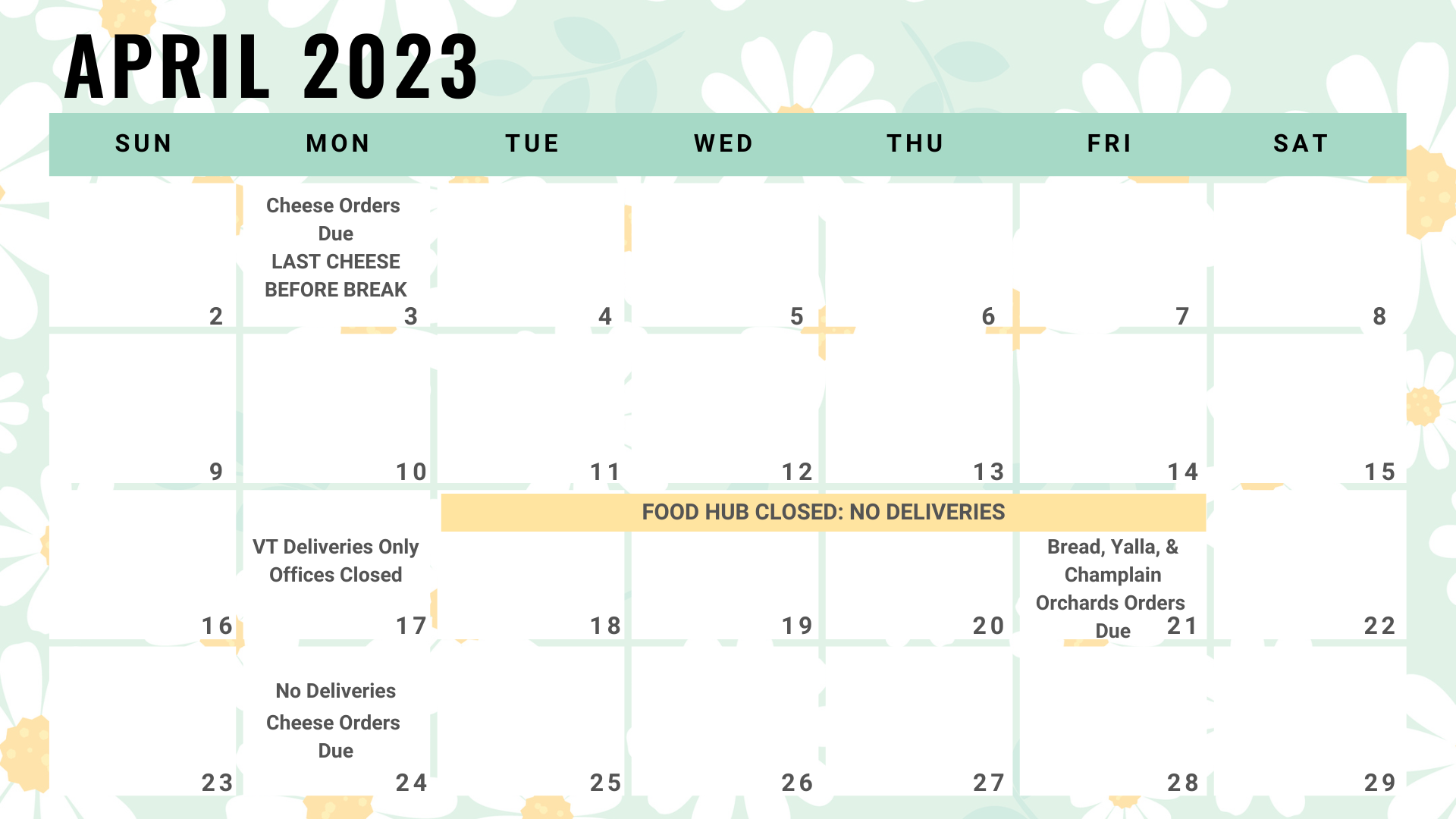 Food Hub Spring Break Schedule: April 2023 — Food Connects