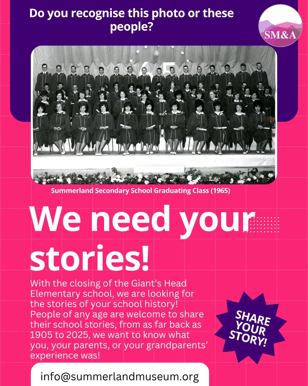 Share your school stories! This Saturday, July 5th, from 10:00 AM - 4:00 PM, we at the Summerland Museum are running the History of Schools in Summerland Event, and we encourage you to share some stories of you or your parents' past in Summerland's s